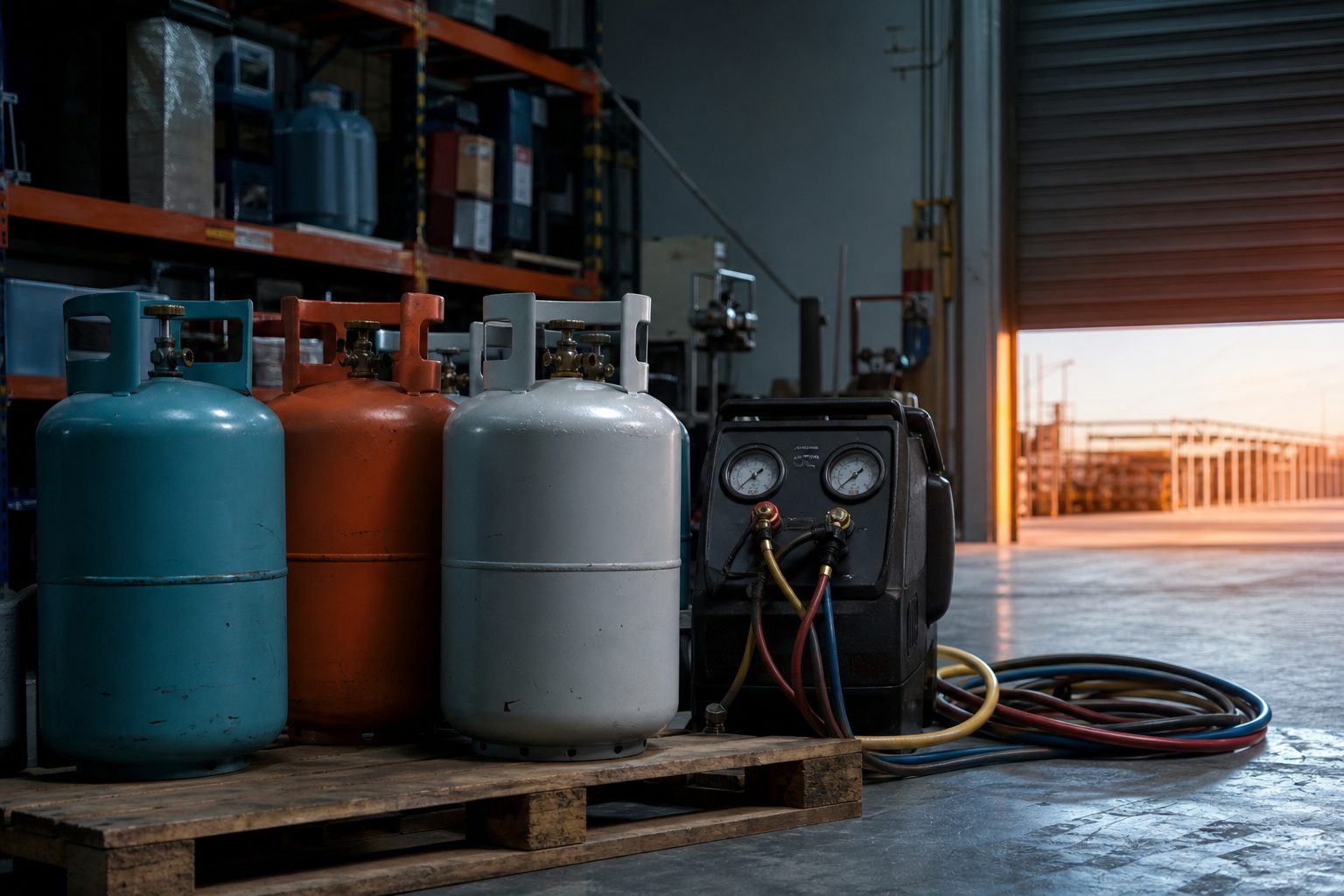 Refrigerant cylinders staged on a warehouse pallet beside a refrigerant recovery machine