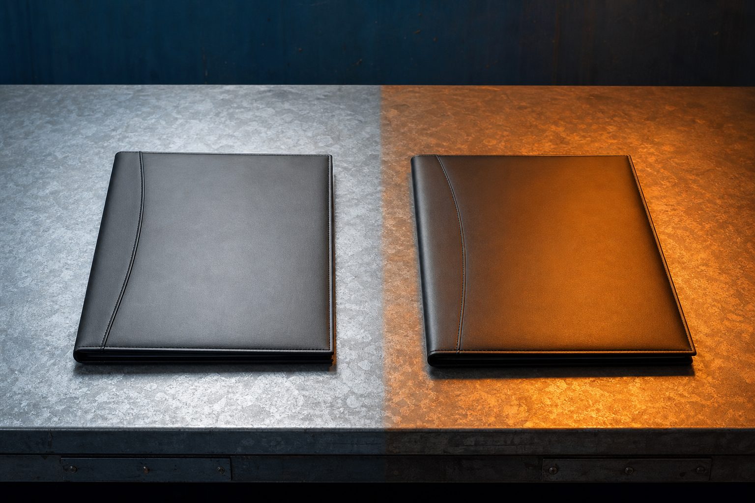 Two maintenance agreement folders on a galvanized sheet metal workbench under split cool and warm light