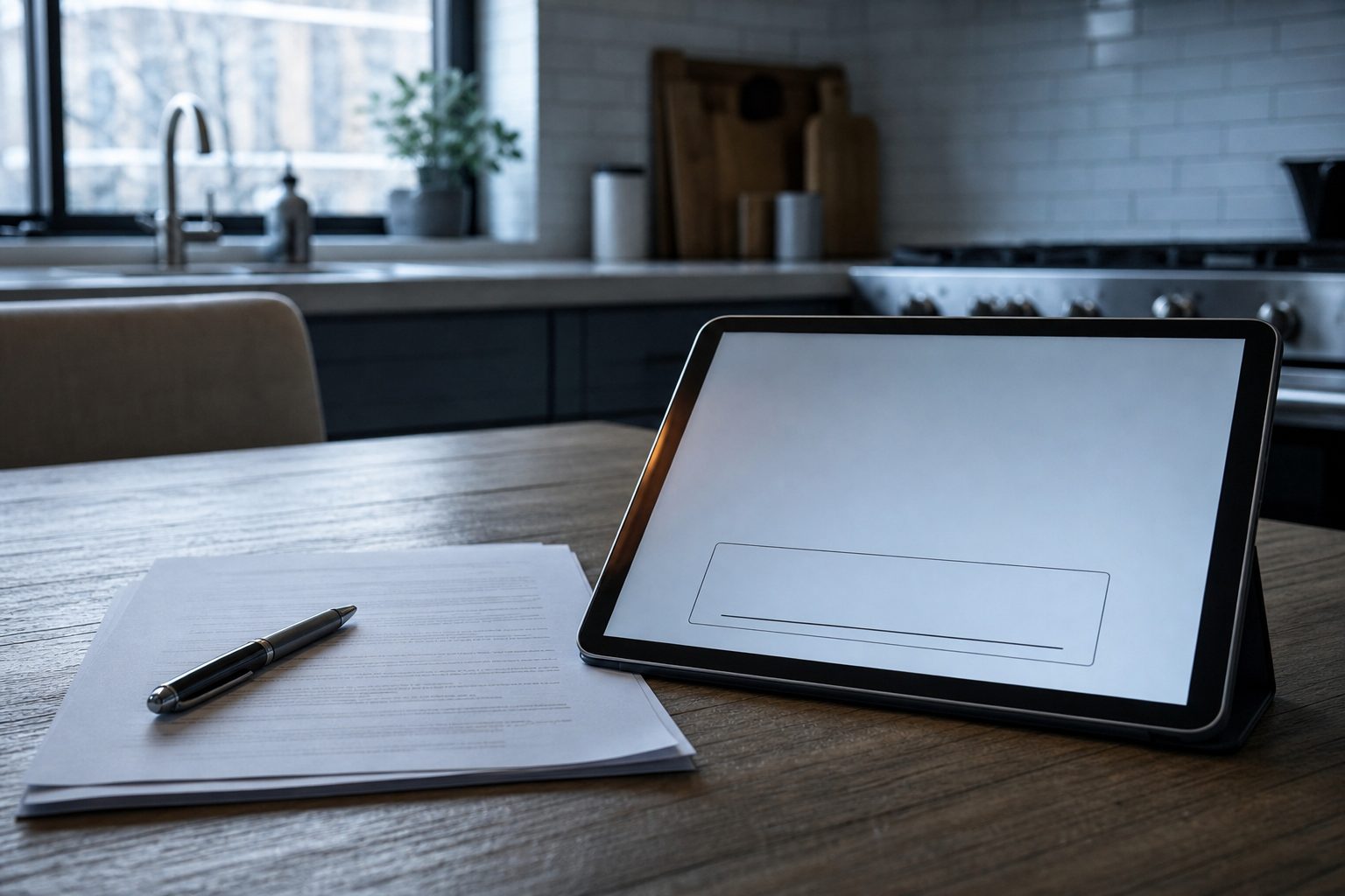 Printed service agreement and pen on a kitchen table beside a tablet showing a blank signature field