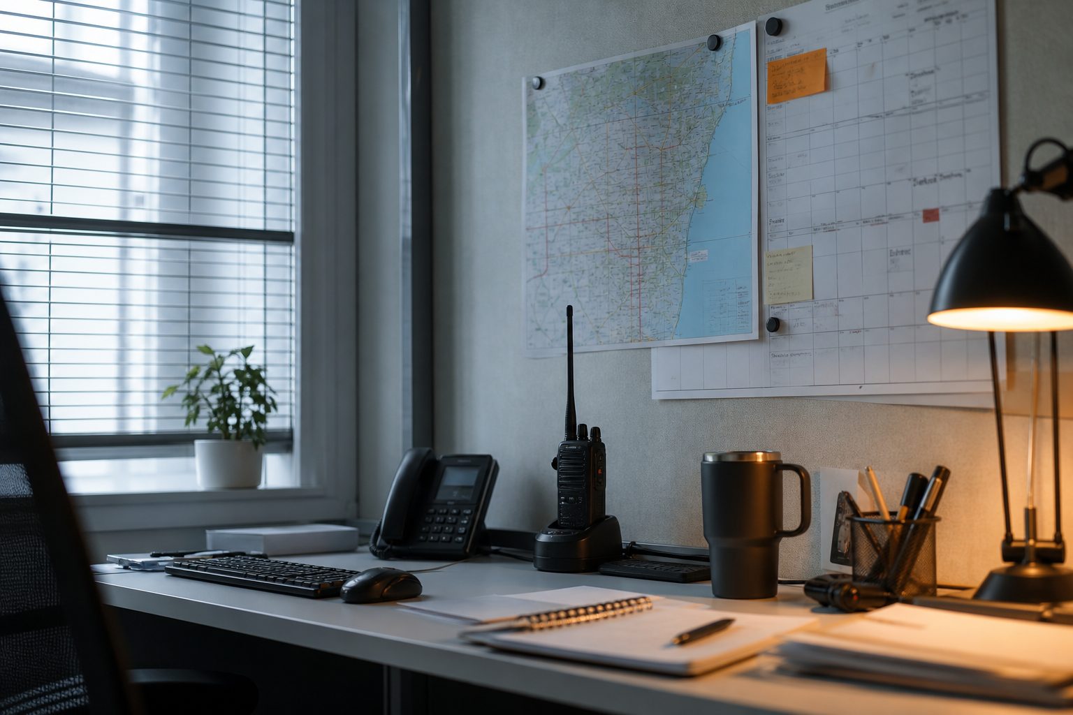 Dispatcher's desk in a small HVAC office with a route map and wall calendar in cool morning light