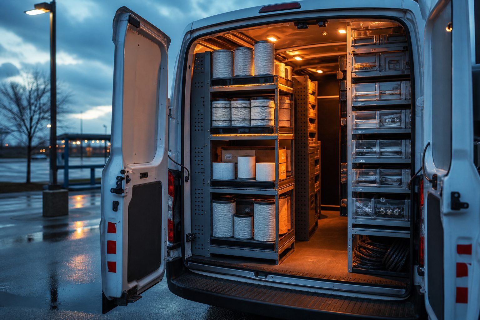 Open service van rear doors at dusk showing stocked filter shelves and organized parts bins