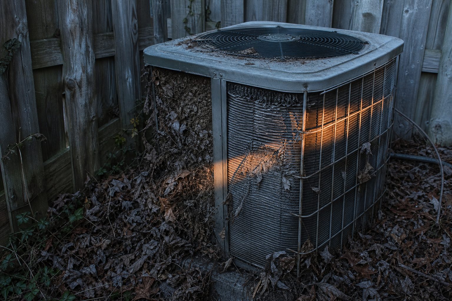 Neglected residential condenser with a leaf packed coil and bent fins behind a backyard fence
