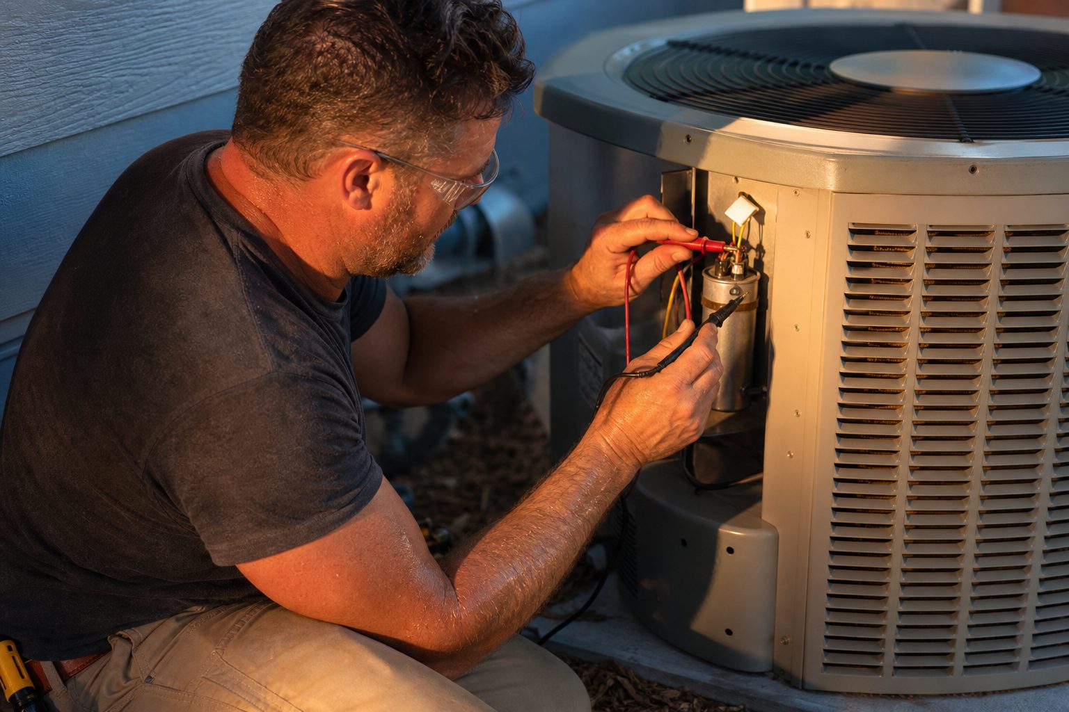 Technician testing a run capacitor at an outdoor condenser in hot late afternoon summer sun