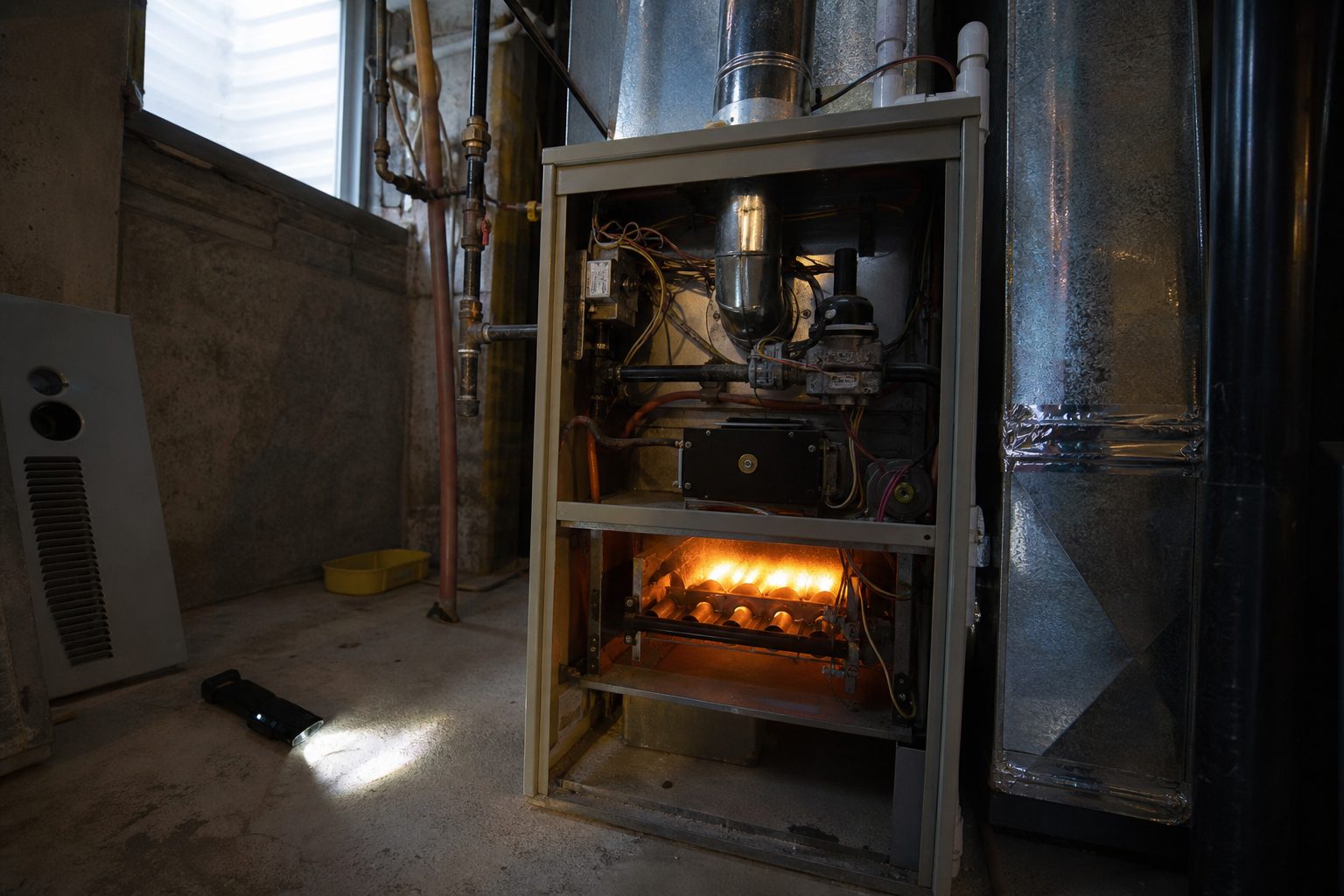 Gas furnace with the blower door removed in a cramped basement lit by a technician's flashlight