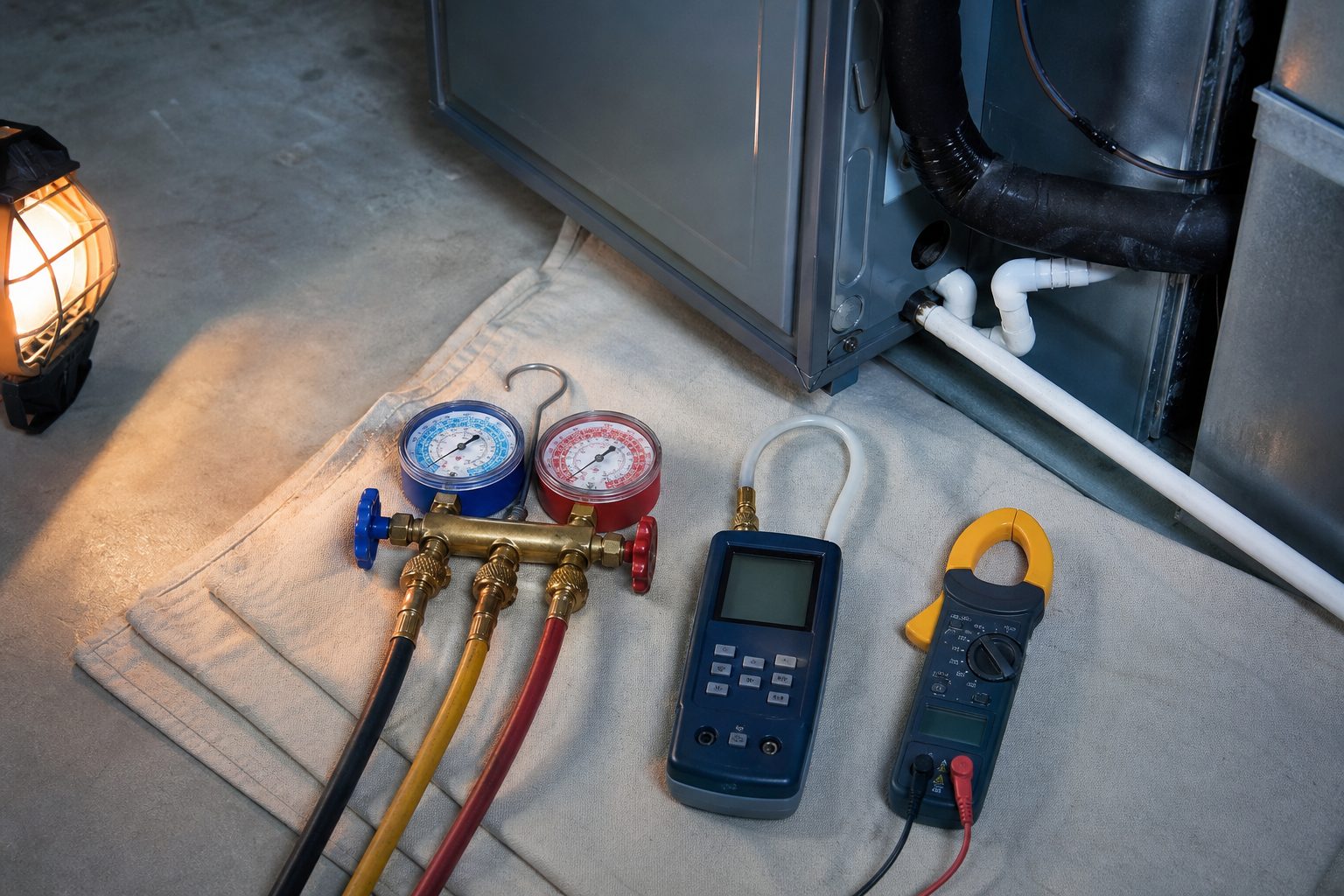 Gauge manifold, digital manometer and clamp meter laid out on a drop cloth beside an air handler