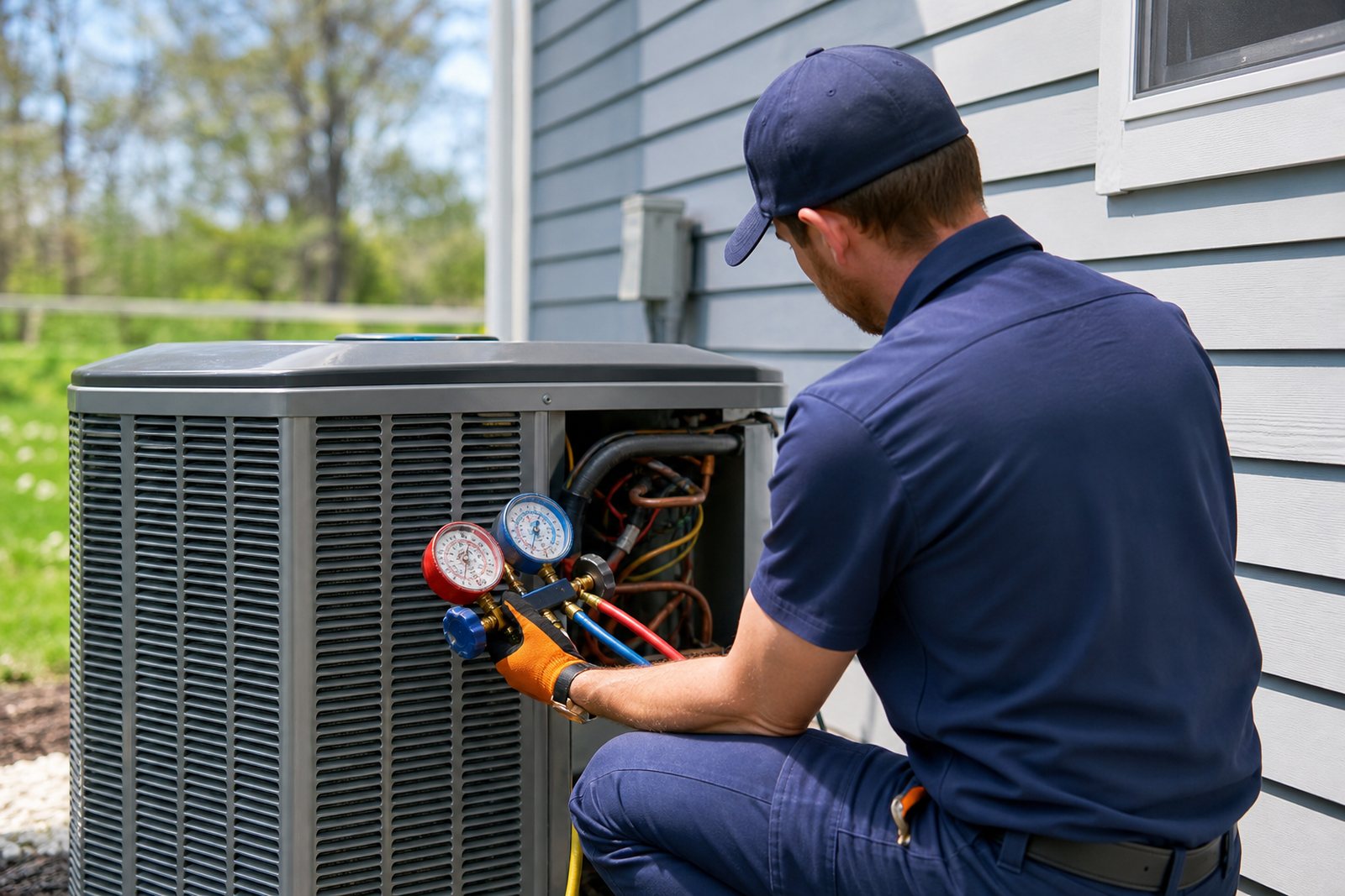 HVAC technician holding a refrigerant gauge set beside a residential outdoor condenser on a bright spring day