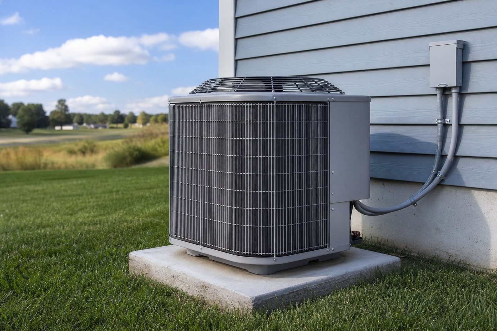 Residential outdoor condenser unit on a concrete pad beside a house with green grass under a clear seasonal sky